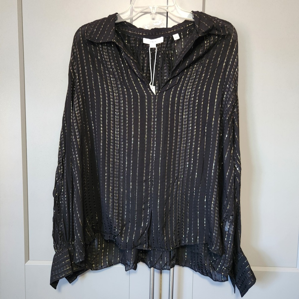 New L Vince Black & Gold Metallic Stripe Collared Shift Blouse Size Large $448